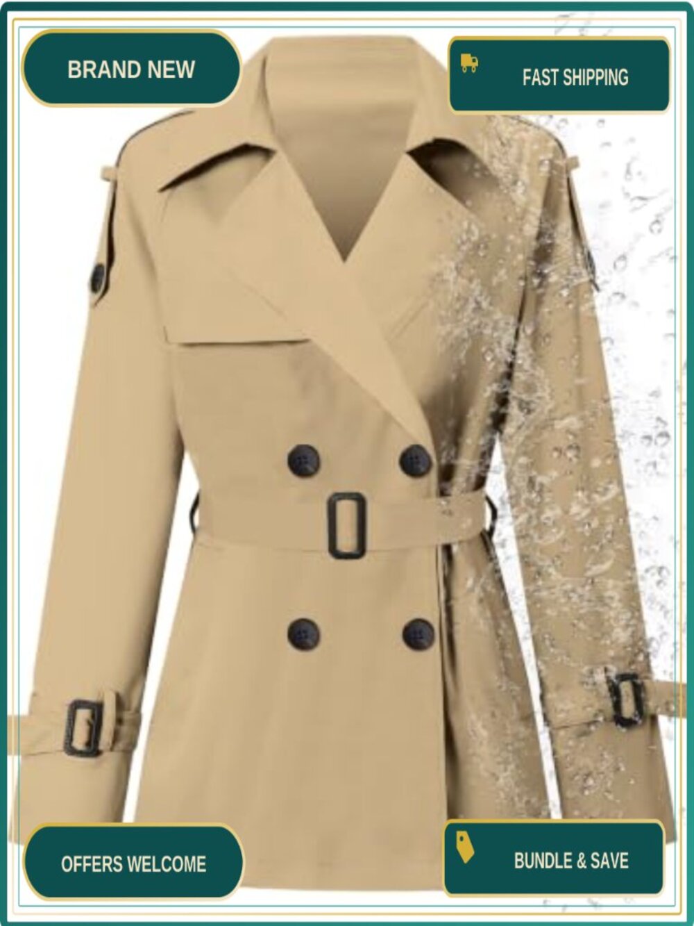 Water-repellent Double Breasted Belted Short Trench Coat